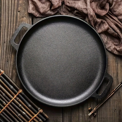 Multi functional thickened cast iron pot - uncoated non stick pot, double ear flat bottomed pot - suitable for grilling meat, frying eggs, barbecue, and pancakes - compatible with all stoves, ideal for home kitchen and outdoor cooking.
