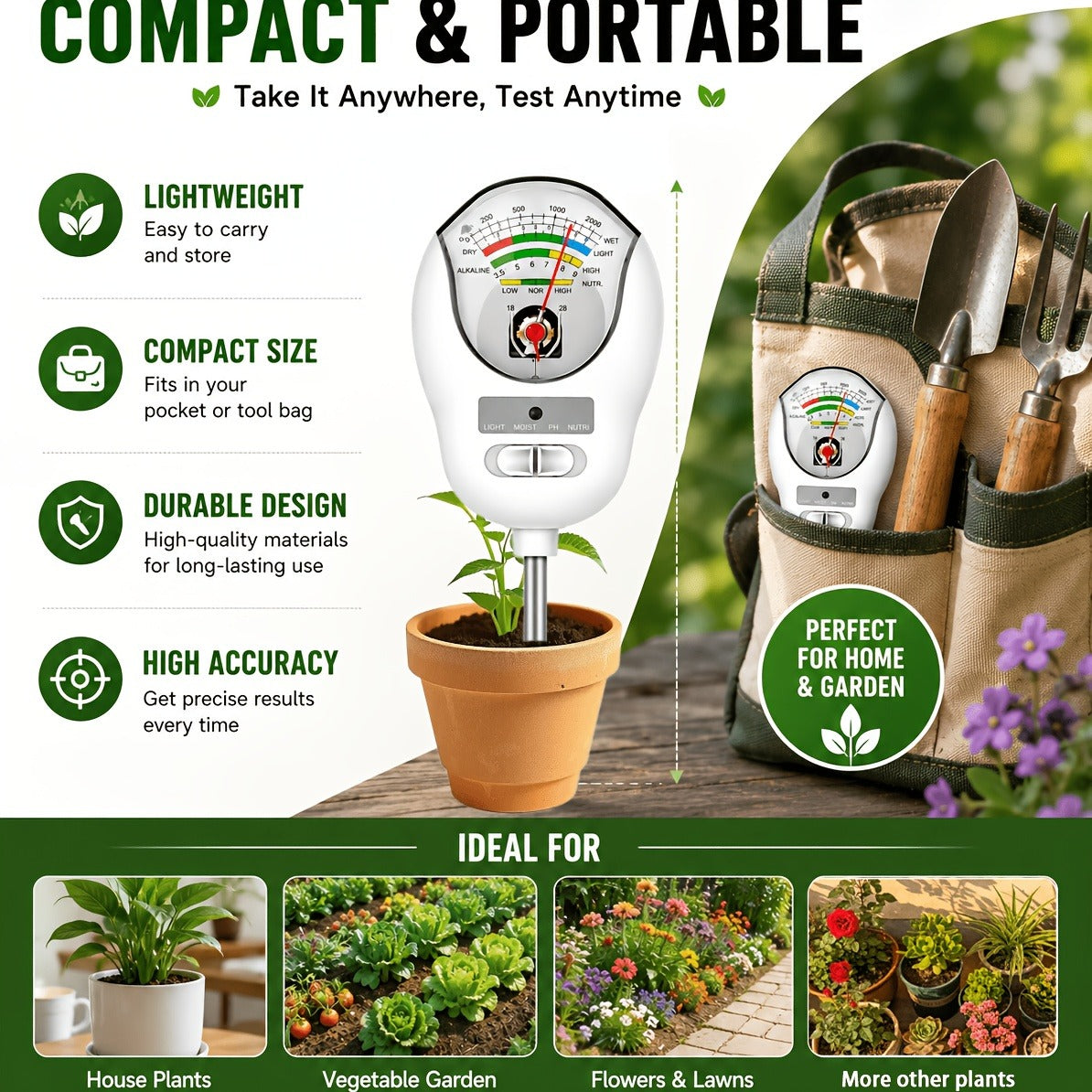 Soil Moisture Meter, 4-in-1 Soil pH Tester, Moisture/Light/Nutrients/pH Meter for Gardening, Lawn, Farming, Indoor & Outdoor Plants Use, No Batteries Required, Gifts for Plants Lover