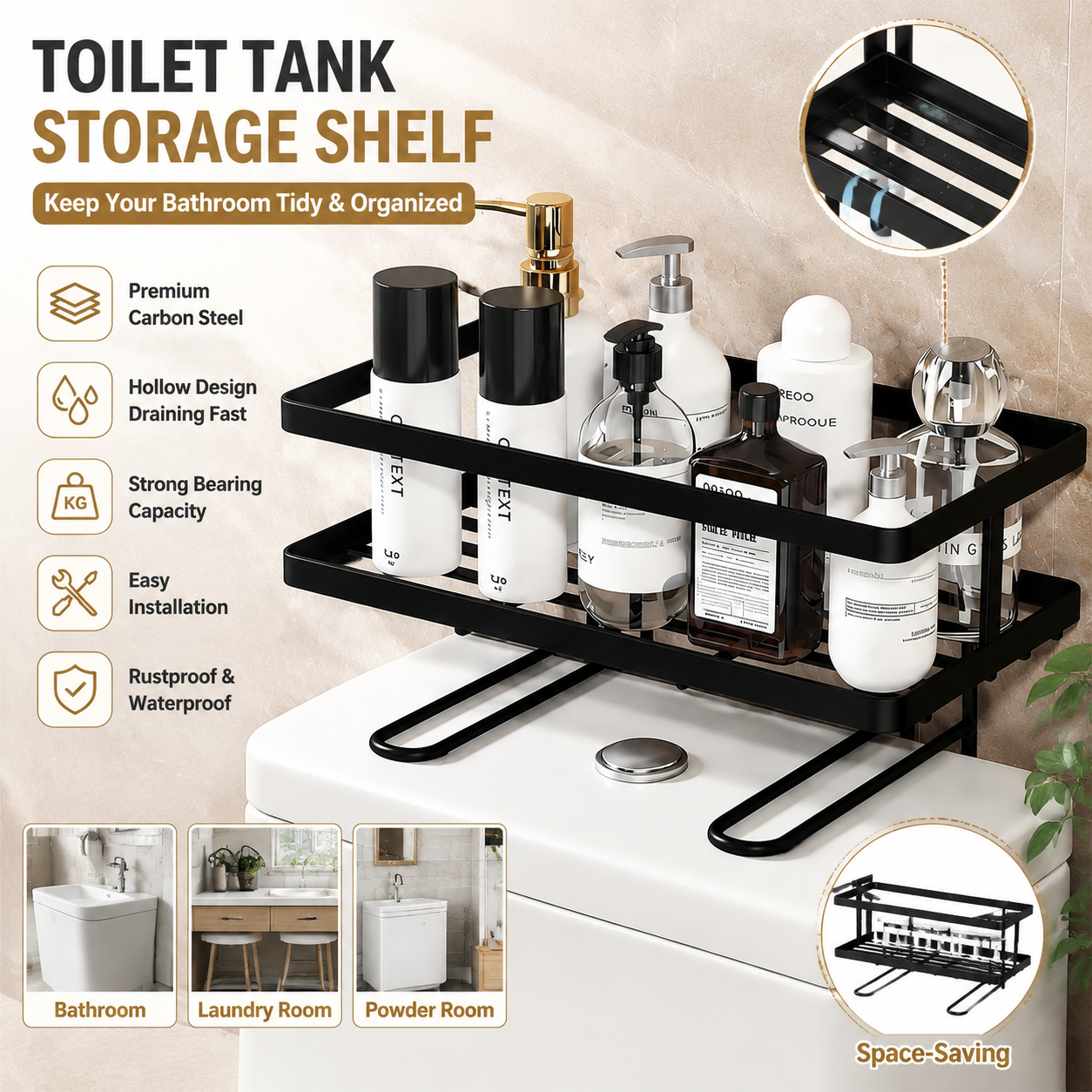 Over The Toilet Storage Rack - Bathroom Organizer Shelf, Floating Shelves with Hooks, No-Drill, Toilet Paper Holder for Restroom Bathroom Vanity Kitchen (Black, 1 Tier)