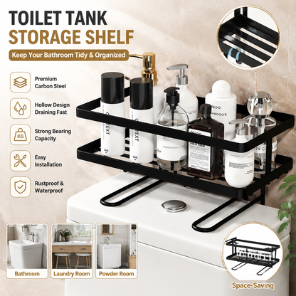 Over The Toilet Storage Rack - Bathroom Organizer Shelf, Floating Shelves with Hooks, No-Drill, Toilet Paper Holder for Restroom Bathroom Vanity Kitchen (Black, 1 Tier)