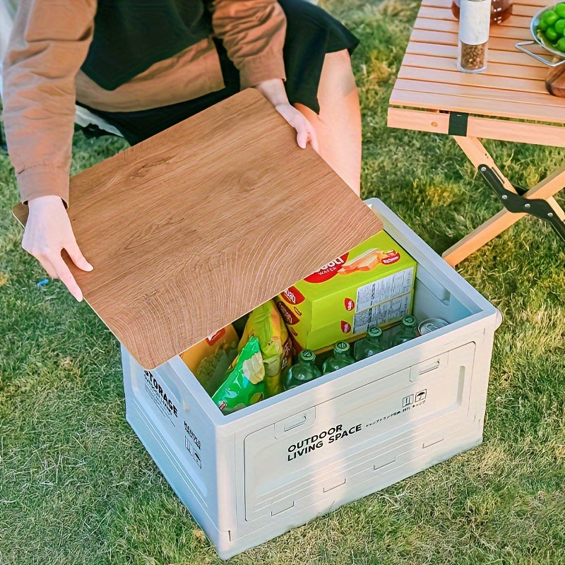 50L Collapsible Storage Bin with Lid, Foldable Plastic Storage Box with Wooden Top and Handles, 1 Pack