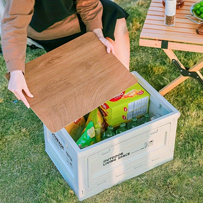 50L Collapsible Storage Bin with Lid, Foldable Plastic Storage Box with Wooden Top and Handles, 1 Pack