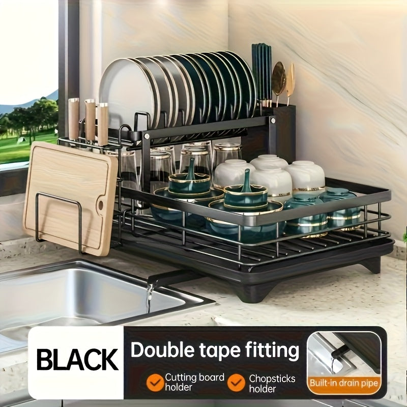 2-Tier Carbon Steel Dish Rack with Drainboard - Large Capacity Rust-Resistant Kitchen Organizer, Includes Utensil Holder & Cutting Board Storage - Black/ White for Home & Commercial Kitchens, Dish Drying Rack, Sleek Design, Sturdy Construction