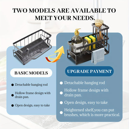 Multi functional metal kitchen sink storage rack with detachable brush holder - self draining storage rack for sponges, scrubbers, and detergent bottles, including cloth hanging trough, sponge and towel rack | Modern kitchen accessories