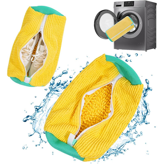 Shoe Washing Machine Bag, 2Pcs Set Reusable Sneaker Laundry Bag with Fluffy Chenille Microfiber 360° Deep Cleaning & Durable Zipper, Yellow/Blue/Grey Soft Mesh, for Sneakers Running Shoes Washer & Dryer