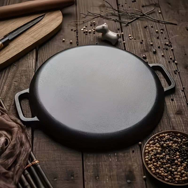 Multi functional thickened cast iron pot - uncoated non stick pot, double ear flat bottomed pot - suitable for grilling meat, frying eggs, barbecue, and pancakes - compatible with all stoves, ideal for home kitchen and outdoor cooking.