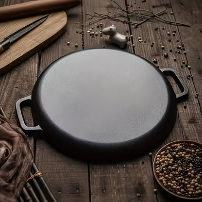 Multi functional thickened cast iron pot - uncoated non stick pot, double ear flat bottomed pot - suitable for grilling meat, frying eggs, barbecue, and pancakes - compatible with all stoves, ideal for home kitchen and outdoor cooking.
