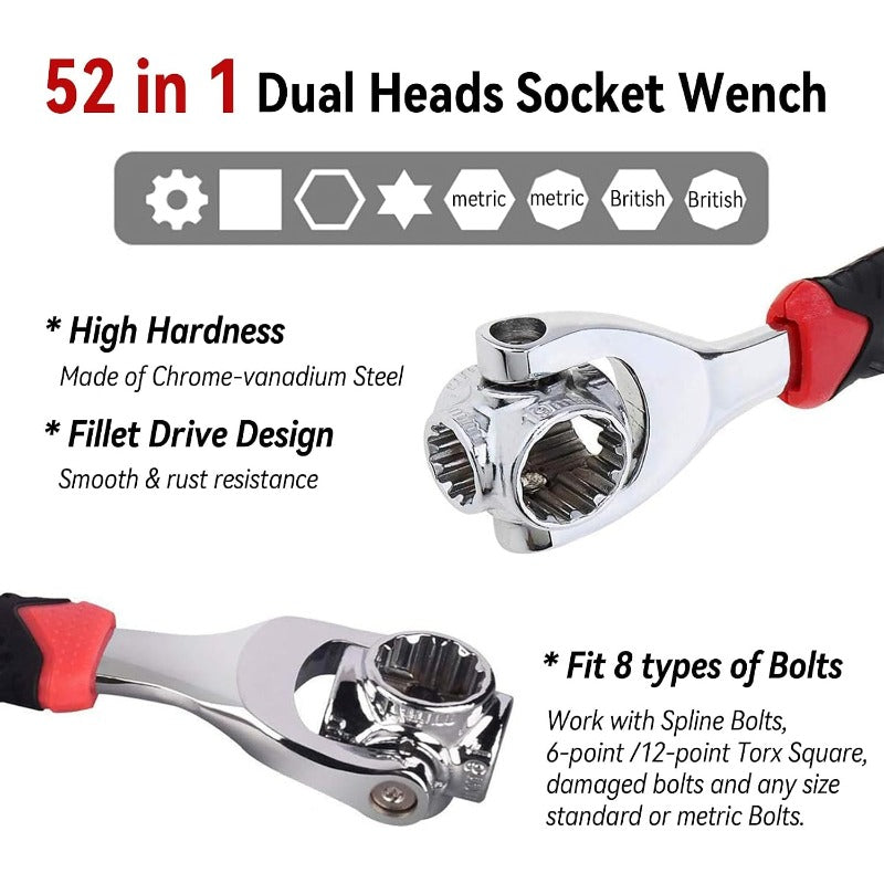 Universal Socket Wrench, 52-in-1 Multi Function 360 Degree Rotating Head (8mm-19mm Metric) Non-Magnetic Spline Socket, Red & Black Cr-V Steel, for Auto Car Repair Home Maintenance Mechanics