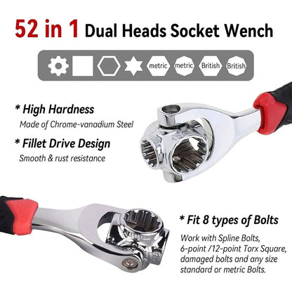 Universal Socket Wrench, 52-in-1 Multi Function 360 Degree Rotating Head (8mm-19mm Metric) Non-Magnetic Spline Socket, Red & Black Cr-V Steel, for Auto Car Repair Home Maintenance Mechanics