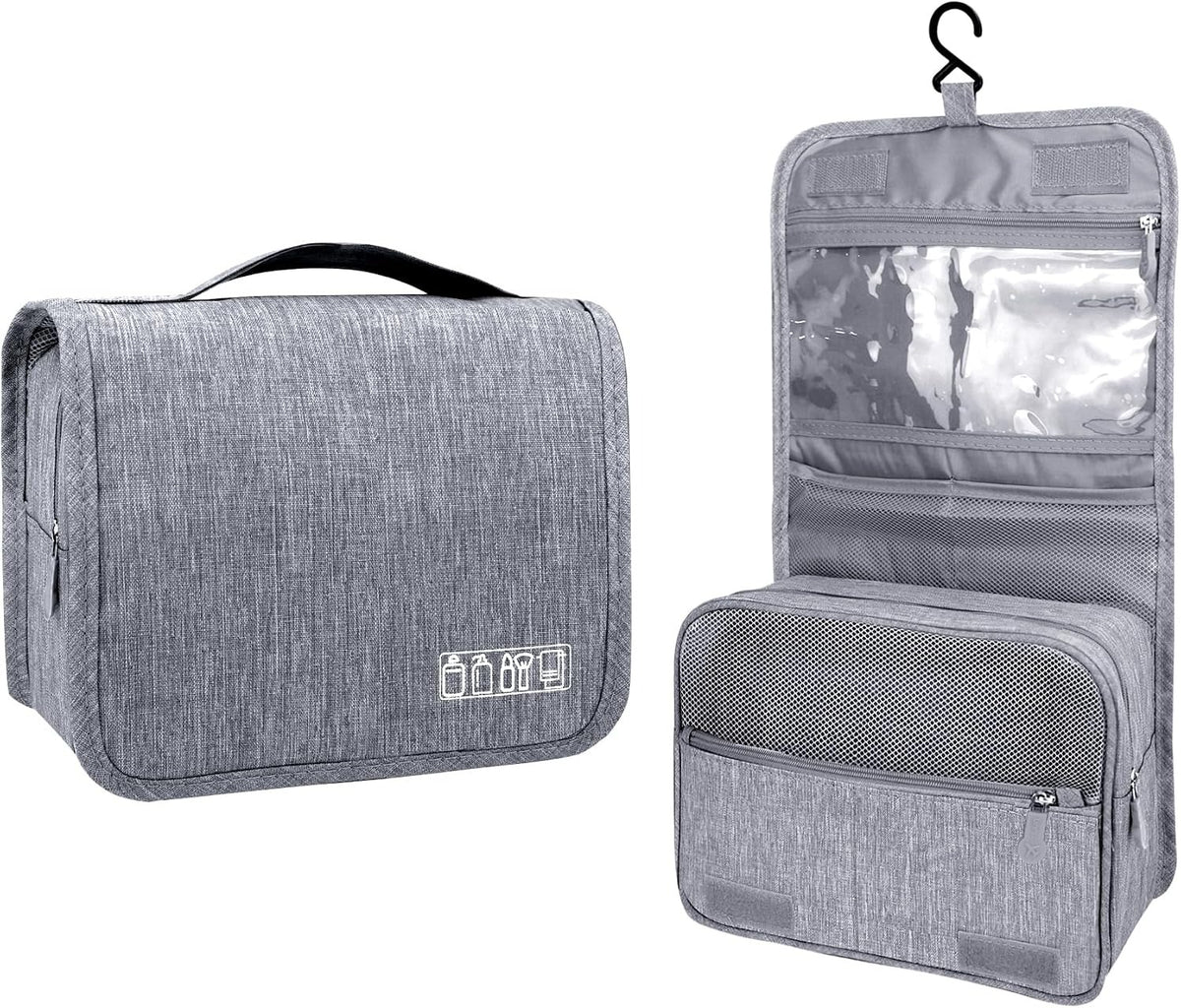 Large Capacity  Travel Bag with Hanging Hook for Waterproof Travel Cosmetic Bag Bathroom Storage Bag for Brushes Set,Full-Sized Shampoo,Toiletries,Accessories-Grey