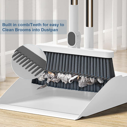 Broom and Dustpan Set, Long Adjustable Handle Broom Dustpan Combo with Dustpan Teeth to Clean Hair Suitable for Home Kitchen Office Hall Floor