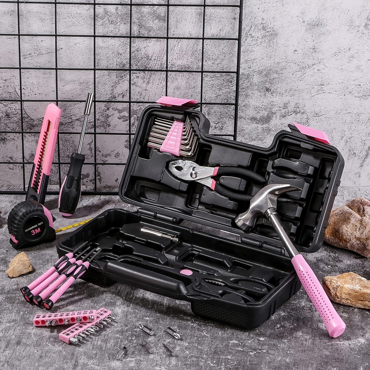 39-piece Pink Tool Set | Includes screwdriver, pantry knife, scissors, measuring tape, hammer, Allen wrench, and pliers | Suitable for home, garage, garden, office, and college dormitories | Ideal for women
