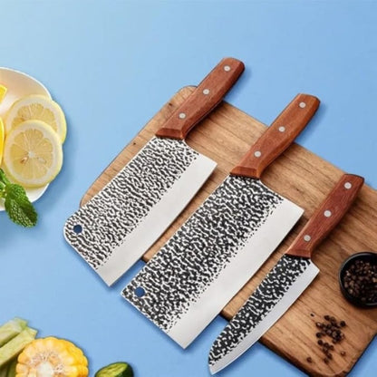 3PCS Butcher Knife and Kitchen Knife Set | Hand Forged Heavy Duty Meat Cleaver, Stainless Steel, Meat Knife, Geat for Home, Camping, BBQ
