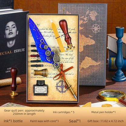 Fountain Pen Gift Set, Vintage Gear Feather Quill Pen 9.84" with Ink Bottle, 5 Ink Cartridges, Wax Seal, Metal Pen Holder and Gift Box, Retro Calligraphy Writing Set for Office, School and Gifts