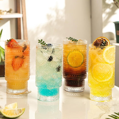 Drinking Glasses Set of 4, Textured Flower Design Cocktail Glasses, Stackable Old Fashioned Glass Cups, Vintage Glassware for a baby Shower Wedding for Kitchen and Bar - Dishwasher Clear