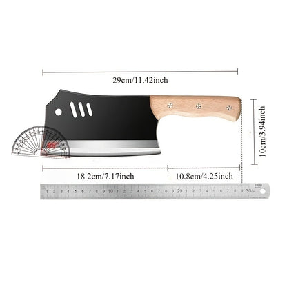 Meat Cleaver Knife, Heavy Duty Dual-Purpose Bone Chopping & Slicing Cleaver with Non-Stick Slots, Ultra Sharp Black Stainless Steel & Solid Wooden Handle, for Kitchen Butchering Meat Cutting Home Restaurant Chefs