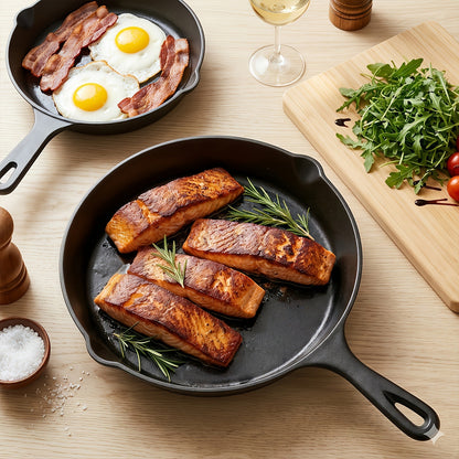 Premium Cast Iron Skillet Set - Non-Stick Frying Pans with Draining Spout, Perfect for Holiday Cooking, RV Use, and Campfire Dining