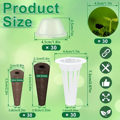 Seed Pod Kit, 121Pcs Set (30 Sponges, 30 Baskets, 30 Domes, 30 Labels, 1 Tweezer) 9.8"*5.3"*2.0" Universal Replacement, Clear Plastic & Peat, for Indoor Hydroponic Growing System Herbs Gardeners