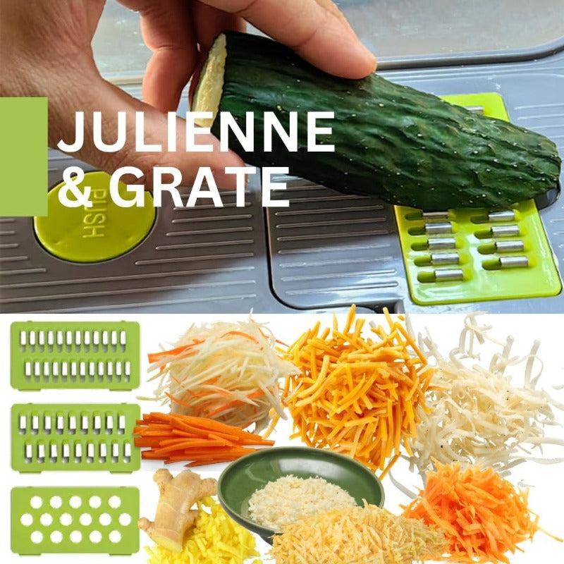 Vegetable Chopper, 16-in-1 Vegetable Dicer with Stainless Steel Chopping Board Top Panel & 4 Storage Drawers Hand Guard Peeler, Grey Green Stainless Steel, for Onion Garlic Salad Prep Home Kitchen