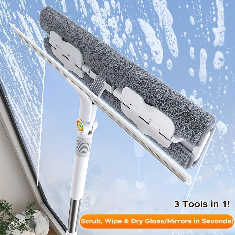 Window Squeegee Long Handle Window Cleaning Tool, 2/3 Section Extendable Pole Glass Cleaner with Microfiber Cloth Head, Adjustable Squeegee for Windows, Shower, Glass Doors, Home Cleaning