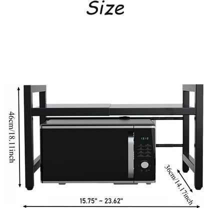 2 Tier Expandable Microwave Oven Rack, Kitchen Microwave Shelf Stand with Hook, Toaster Rack for Countertop Organization, Heavy Duty Pantry Shelf, White