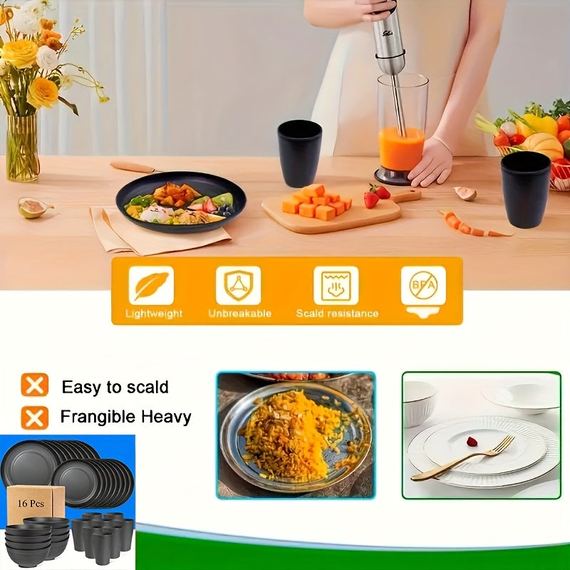 16-Piece Unbreakable Dinnerware Set, Shatterproof Plates, Microwave & Dishwasher Safe, Reusable Tableware - 8 Plates, 4 Bowls, 4 Cups - Perfect for Camping, Picnics, Housewarming Gifts, Family Gatherings, and Everyday Use