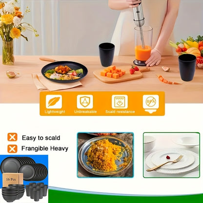 16-Piece Unbreakable Dinnerware Set, Shatterproof Plates, Microwave & Dishwasher Safe, Reusable Tableware - 8 Plates, 4 Bowls, 4 Cups - Perfect for Camping, Picnics, Housewarming Gifts, Family Gatherings, and Everyday Use