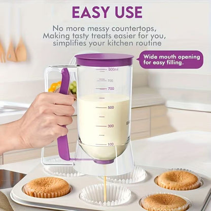 Pancake Batter Dispenser - Kitchen Must Have Tool for Perfect Pancakes, Cupcake, Waffle, Muffin Mix, Cake & Crepe - Baking Supplies for Griddle - Pancake Maker with Measuring Label (Purple)