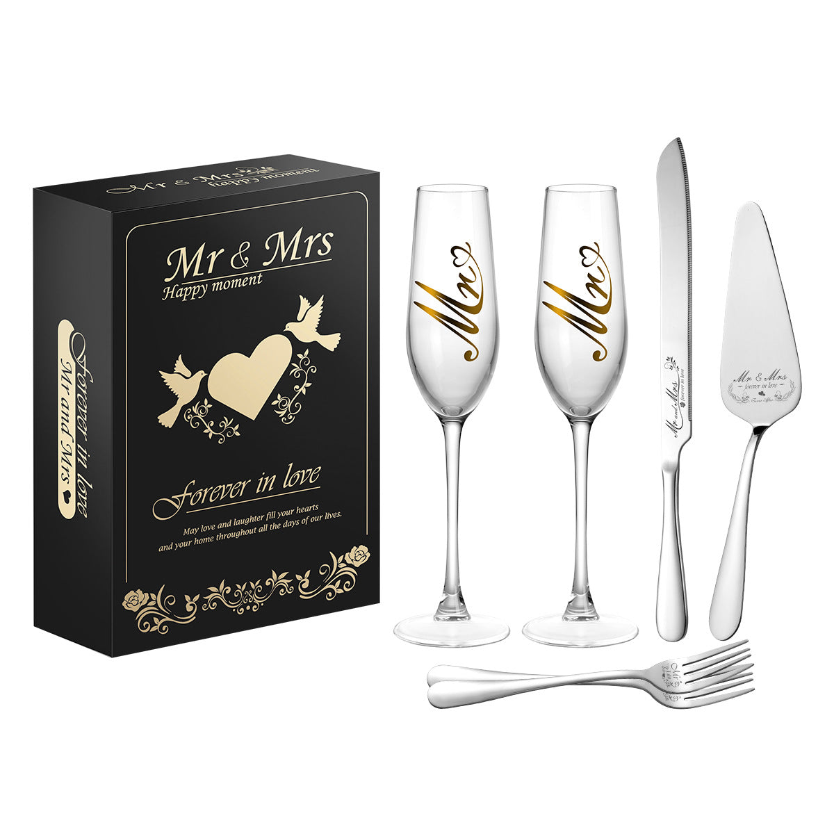 6pcs-Mr and Mrs Champagne Flutes, Bride and Groom Champagne Glasses, Wedding Cake Knife and Server Set, Cake Cutting Set for Wedding, Bridal Shower Gifts, Engagement Gifts for Couples