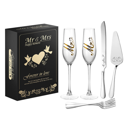 6pcs-Mr and Mrs Champagne Flutes, Bride and Groom Champagne Glasses, Wedding Cake Knife and Server Set, Cake Cutting Set for Wedding, Bridal Shower Gifts, Engagement Gifts for Couples