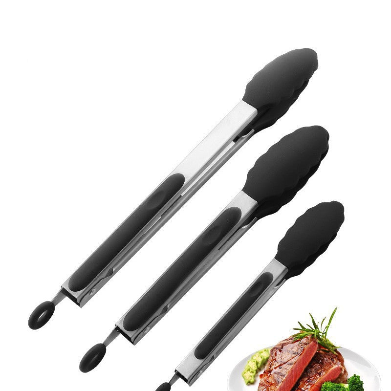 Kitchen Tongs for Cooking,Stainless Steel,Heat Resistant BBQ Tong Set of 3, Non Scratch Silicone Tip for Pan, Strong Grip, Grab Food, Toss Salad, Pull Lock, Black