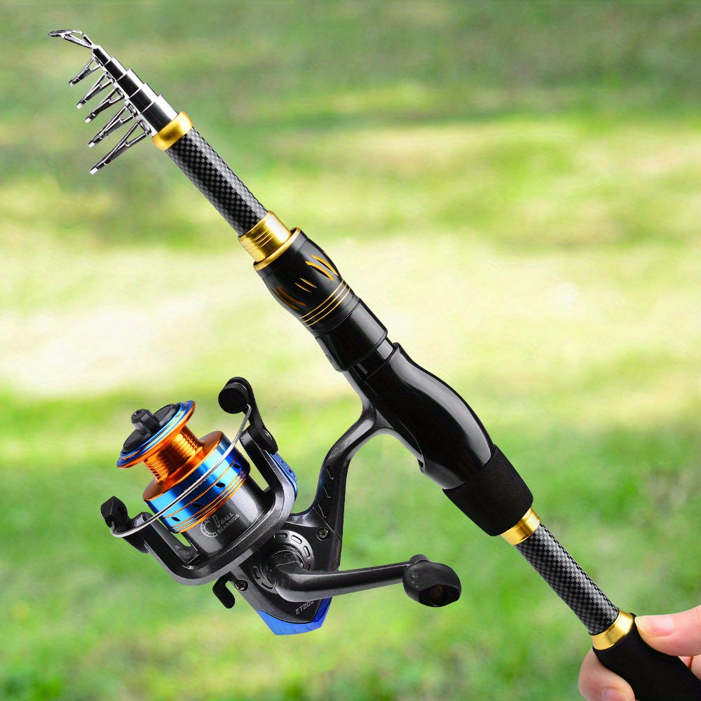 This 1.5-2.4m carbon fiber telescopic fishing set includes 12 minnows, soft bait, sinker, hook, and a camouflage backpack.