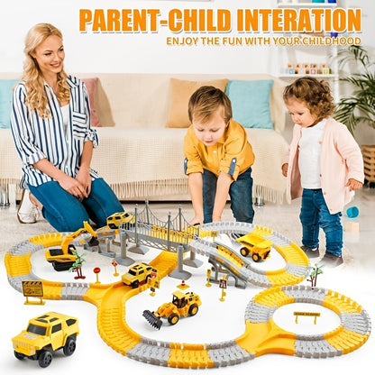 Kids Toys 288 PCS Construction Race Tracks Toy for 5 Year Old Boys Girls, Construction Truck Car and Flexible Track Play Set Create A Engineering Road Games Toddler Toys Birthday Gifts