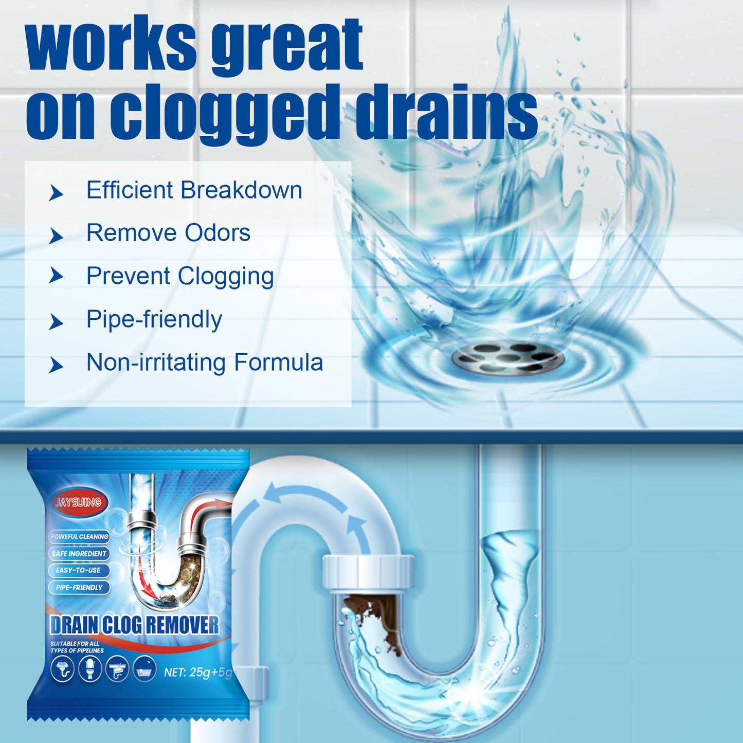 Drain Cleaner Powder for Kitchen & Bathroom, Pipe Unclogging Powder for Sink & Toilet, Fast-Acting Clog Remover for Grease Hair & Odour, Professional Strength