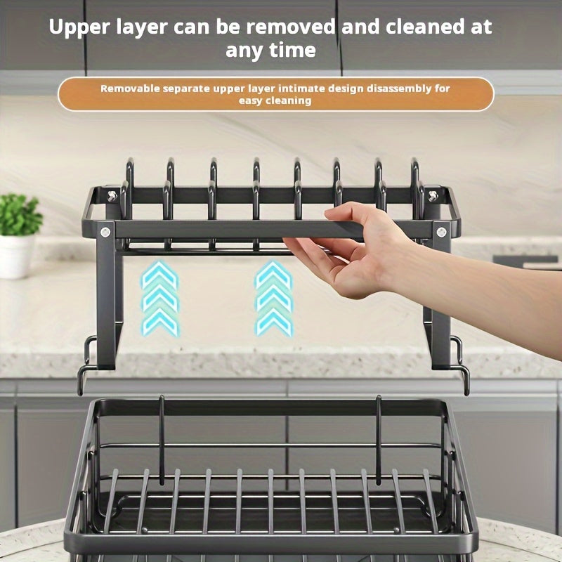 2-Tier Carbon Steel Dish Rack with Drainboard - Large Capacity Rust-Resistant Kitchen Organizer, Includes Utensil Holder & Cutting Board Storage - Black/ White for Home & Commercial Kitchens, Dish Drying Rack, Sleek Design, Sturdy Construction