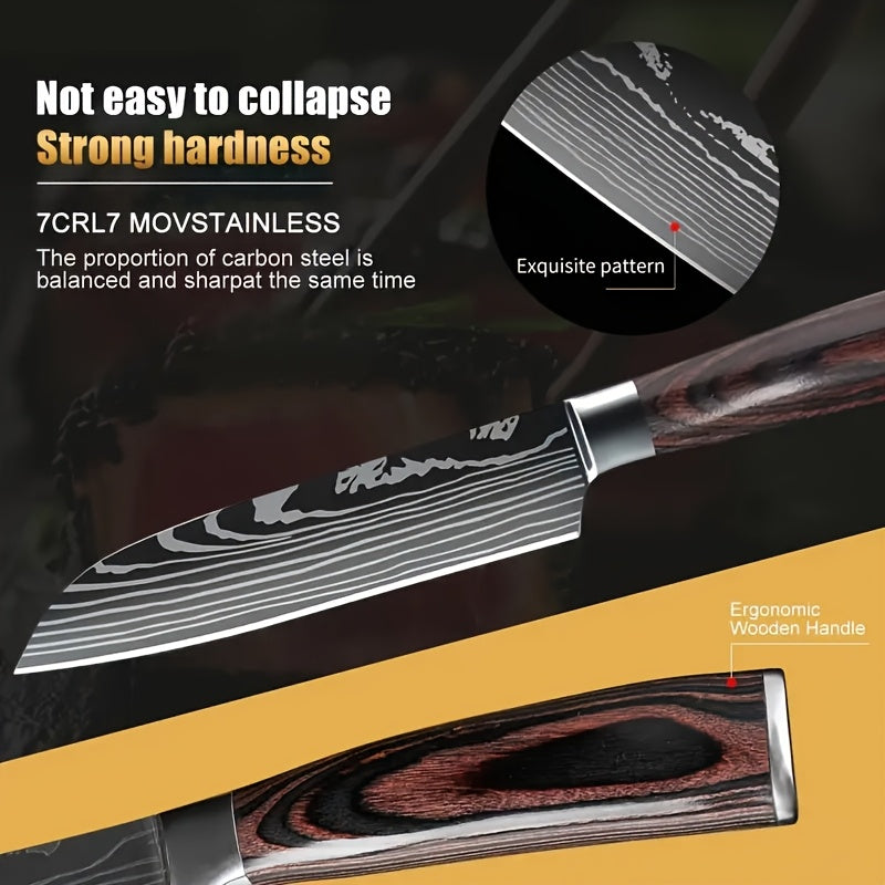 Six Piece Professional Damascus Steel Kitchen Knife Set - All Stainless Steel, With Laser Engraved Patterns, Including Debonding And Slicing Knives, Suitable For Home Use, Comes With A Knife Holder.