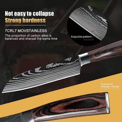 Six Piece Professional Damascus Steel Kitchen Knife Set - All Stainless Steel, With Laser Engraved Patterns, Including Debonding And Slicing Knives, Suitable For Home Use, Comes With A Knife Holder.