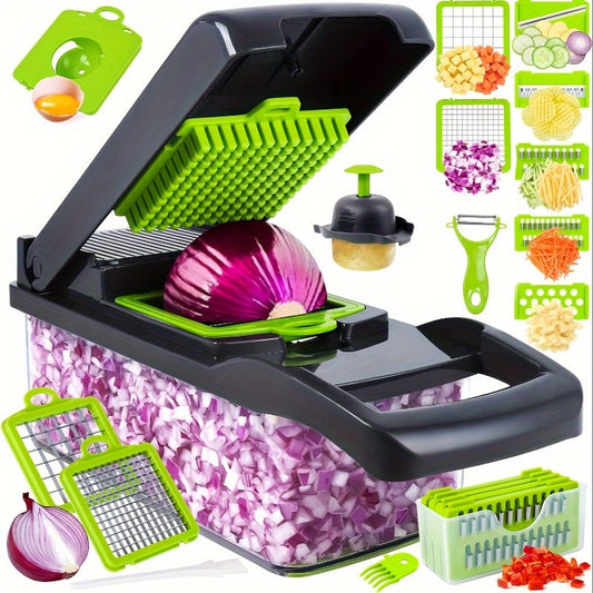 [16-in-1 Efficient Meal Preparation] Multi-function Vegetable Cutter, Vegetable Slicer, Shredder, Dicer, Manual Onion and Potato Grater/ Safety Hand Guard and Container/ Electricity-Free Kitchen Cooker