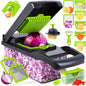 [16-in-1 Efficient Meal Preparation] Multi-function Vegetable Cutter, Vegetable Slicer, Shredder, Dicer, Manual Onion and Potato Grater/ Safety Hand Guard and Container/ Electricity-Free Kitchen Cooker