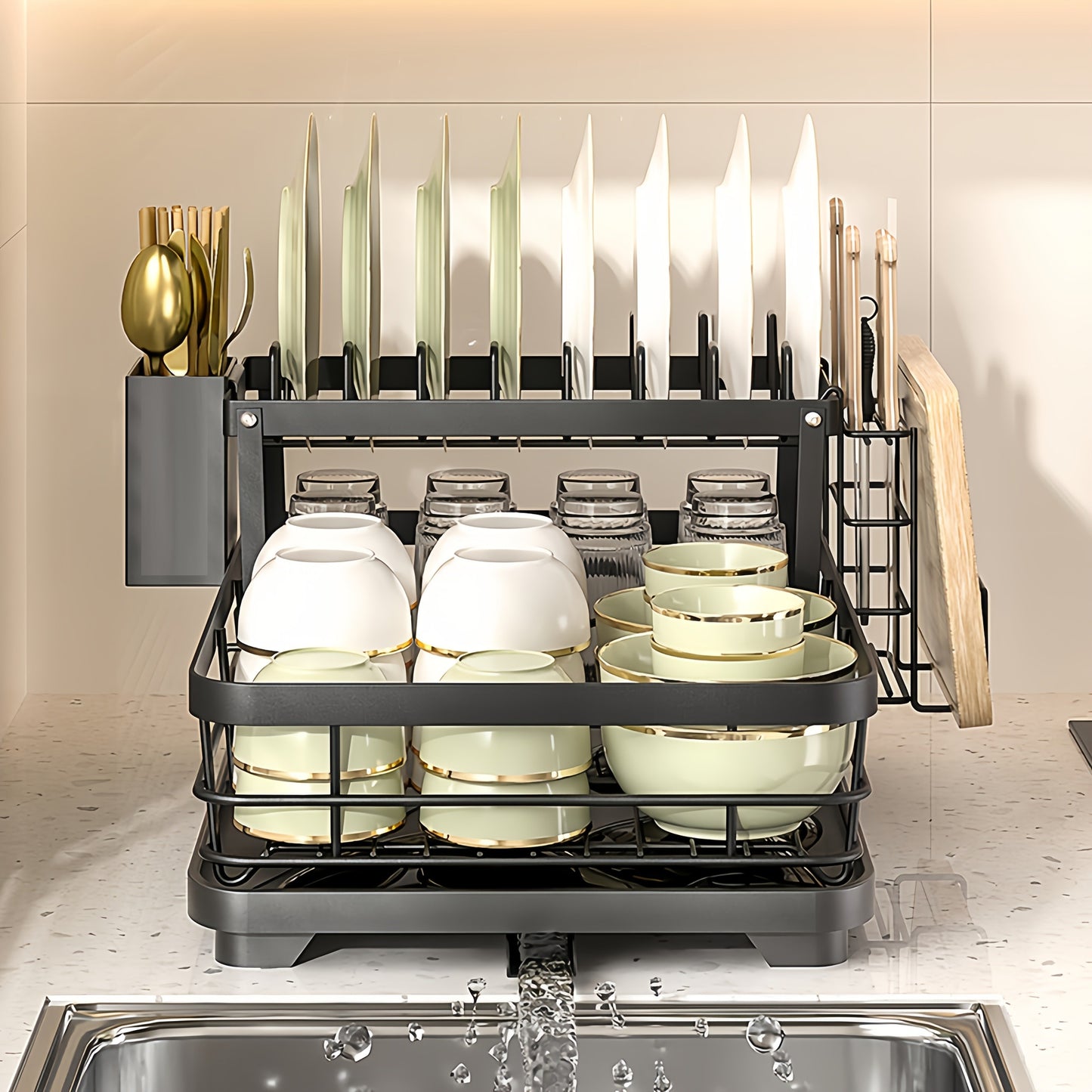 2-Tier Carbon Steel Dish Rack with Drainboard - Large Capacity Rust-Resistant Kitchen Organizer, Includes Utensil Holder & Cutting Board Storage - Black/ White for Home & Commercial Kitchens, Dish Drying Rack, Sleek Design, Sturdy Construction
