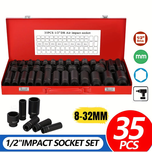 35-Piece 1/2 Inch Drive Deep Impact Socket Set (Metric) 8-32mm - Professional Garage Repair Workshop Tools
