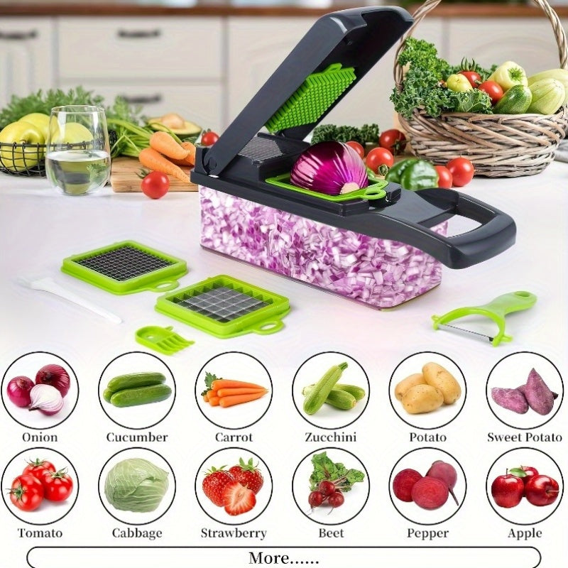 [16-in-1 Efficient Meal Preparation] Multi-function Vegetable Cutter, Vegetable Slicer, Shredder, Dicer, Manual Onion and Potato Grater/ Safety Hand Guard and Container/ Electricity-Free Kitchen Cooker