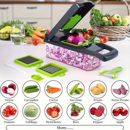 [16-in-1 Efficient Meal Preparation] Multi-function Vegetable Cutter, Vegetable Slicer, Shredder, Dicer, Manual Onion and Potato Grater/ Safety Hand Guard and Container/ Electricity-Free Kitchen Cooker