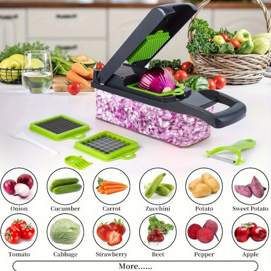 [16-in-1 Efficient Meal Preparation] Multi-function Vegetable Cutter, Vegetable Slicer, Shredder, Dicer, Manual Onion and Potato Grater/ Safety Hand Guard and Container/ Electricity-Free Kitchen Cooker