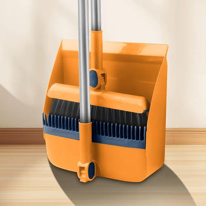 Broom and Dustpan Set, 2Pcs Long Handle (38.2"*9.8") Upright Standing Broom with Dustpan Teeth Self Cleaning, Blue & Yellow Stainless Steel, for Home Kitchen Office Floor Cleaning