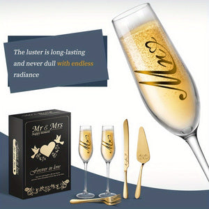 6pcs-Mr and Mrs Champagne Flutes, Bride and Groom Champagne Glasses, Wedding Cake Knife and Server Set, Cake Cutting Set for Wedding, Bridal Shower Gifts, Engagement Gifts for Couples