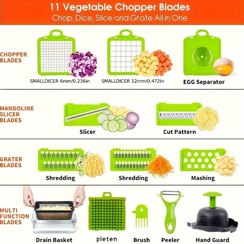 [16-in-1 Efficient Meal Preparation] Multi-function Vegetable Cutter, Vegetable Slicer, Shredder, Dicer, Manual Onion and Potato Grater/ Safety Hand Guard and Container/ Electricity-Free Kitchen Cooker