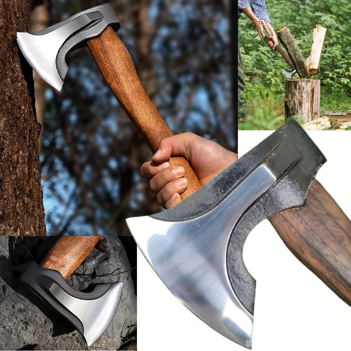Outdoor Survival Axe - Heavy-Duty Stainless Steel Hunting Knife with Wooden Handle, Multi-Functional Camping Tool for Hiking, Chopping, and Shooting - Perfect Gift for Men, Ideal Christmas, Father's Day, and Camping Accessory