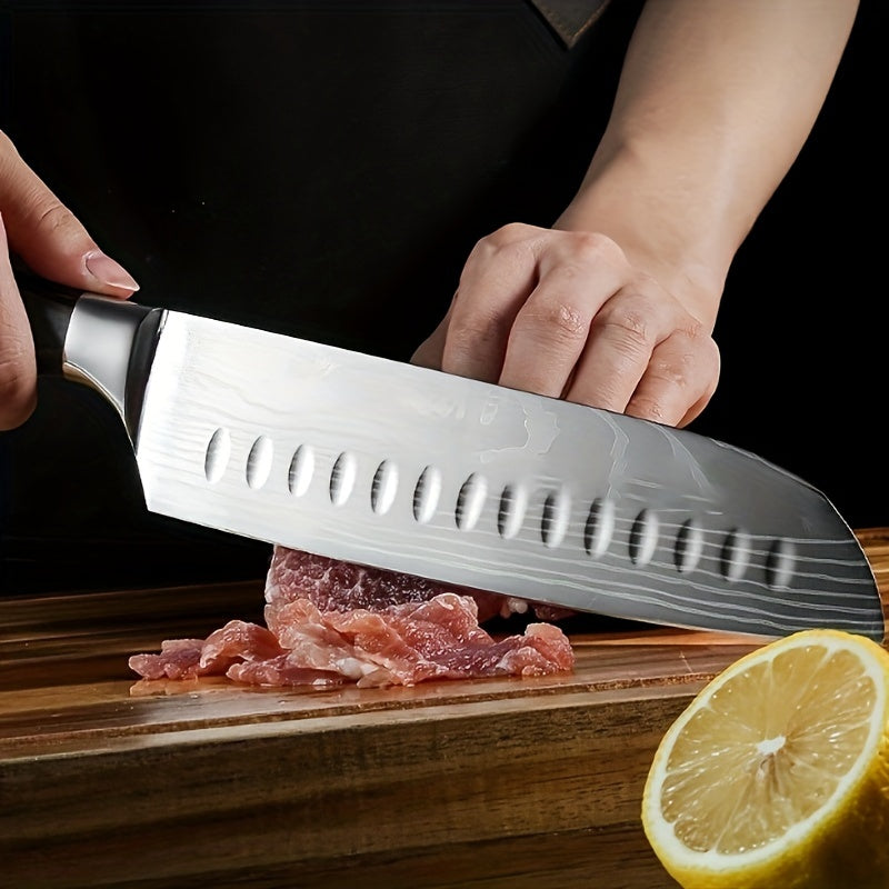 Six Piece Professional Damascus Steel Kitchen Knife Set - All Stainless Steel, With Laser Engraved Patterns, Including Debonding And Slicing Knives, Suitable For Home Use, Comes With A Knife Holder.