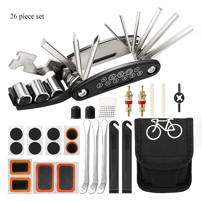 26pcs Universal Bicycle Tire Repair Tool Kit Multifunctional Portable Maintenance Set for Mountain Bike Road Bike Accessorie